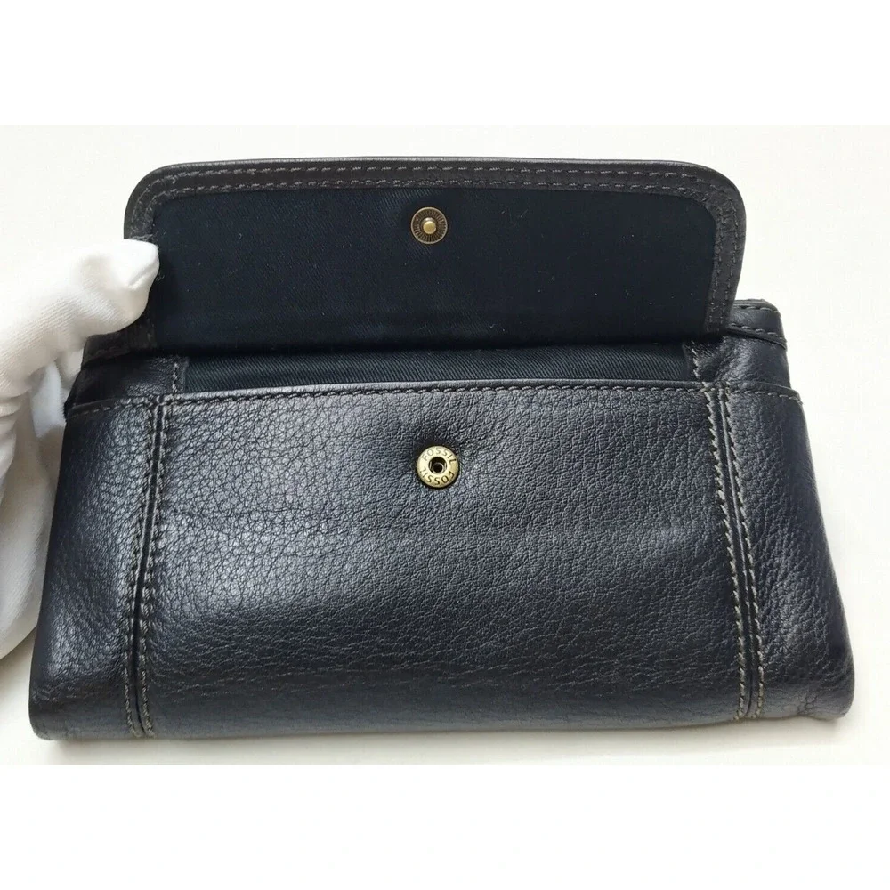 Fossil Black Pebbled Leather Credit Card ID Window Zipper Closure Wallet